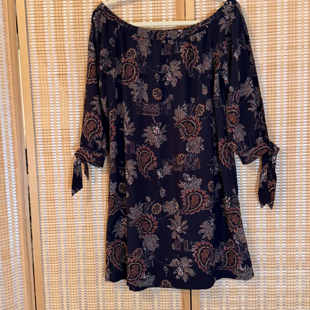 Veronica M Navy Paisley Off The Shoulder Shift Mini Dress Tie‎ Sleeve Womens M